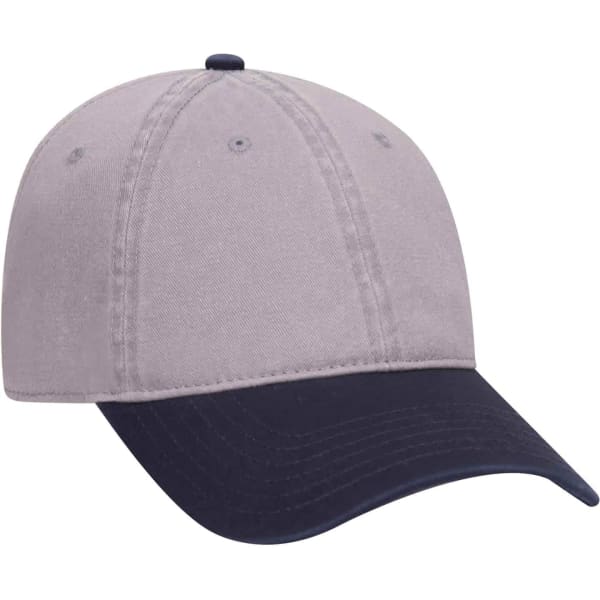 A grey and navy 6-panel dad hat with a curved brim and a logo on the front.
