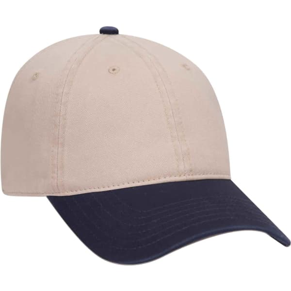 A beige 6 panel dad hat featuring a navy blue peak and an adjustable strap at the back. Includes a logo on the front.