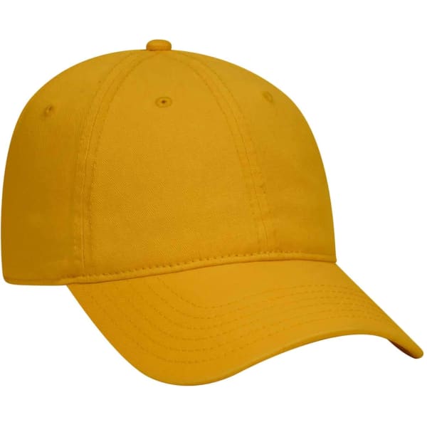 A yellow 6 panel dad hat with a curved brim and an adjustable strap, featuring a logo on the front.