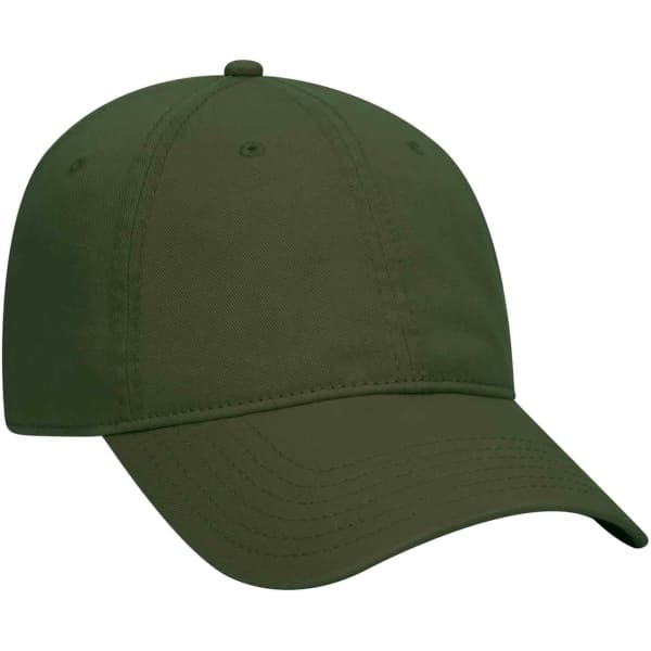 A green 6 panel dad hat with a curved peak and a plain design. Features a logo on the front.