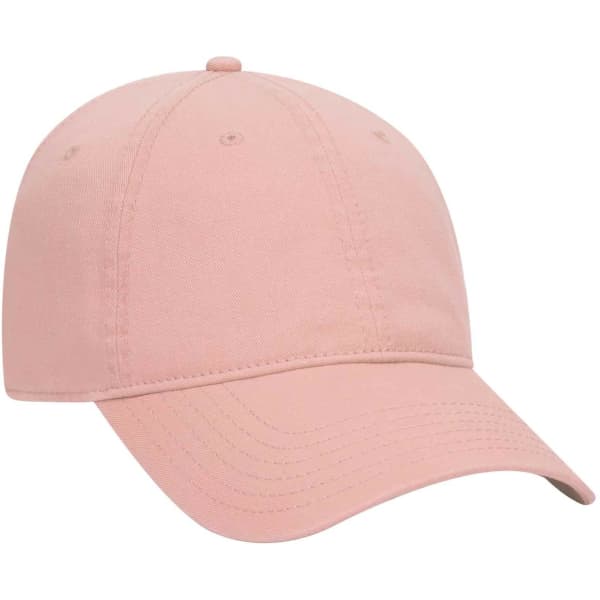 A pink 6 panel dad hat featuring a curved brim and an adjustable strap at the back. It has a logo on the front.