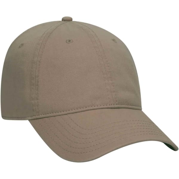 A khaki 6-panel dad hat with a curved brim and a logo on the front. Features stitched details and adjustable strap.