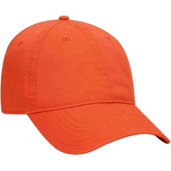 An orange 6-panel dad hat with a curved brim, featuring a logo on the front.