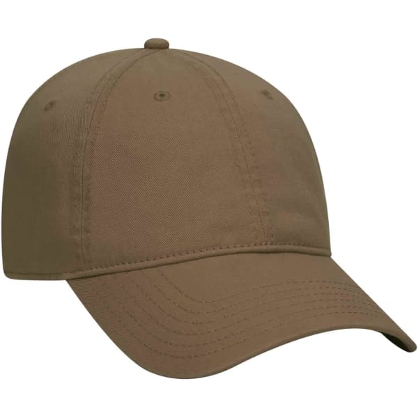 A khaki 6 panel dad hat with a curved brim and an adjustable back, featuring a logo on the front.
