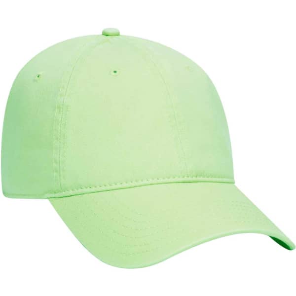 A light green six-panel dad hat with a curved brim and an adjustable strap at the back. It features a logo.
