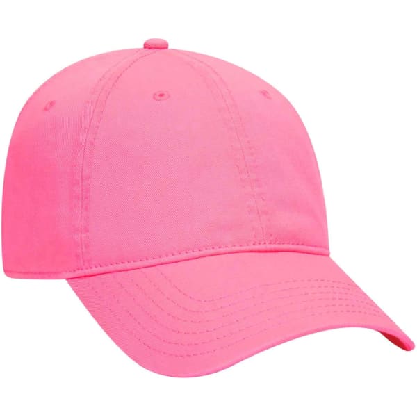 A pink 6-panel dad hat with a curved brim and an adjustable strap at the back, featuring a logo.
