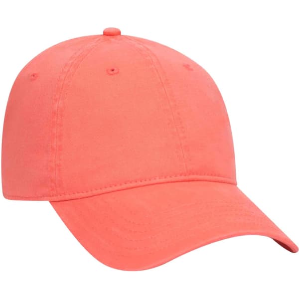 A coral 6-panel dad hat with a curved brim and an adjustable strap. Features a logo on the front.