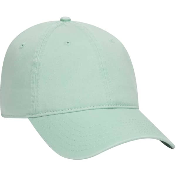 A mint green 6 panel dad hat with a rounded crown and curved brim, featuring a logo on the front.