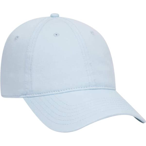 A light blue 6 panel dad hat with a curved peak and a logo on the front.