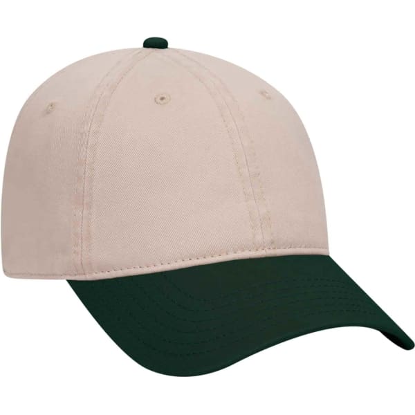 A six-panel dad hat in beige with a dark green brim, featuring a logo on the front.