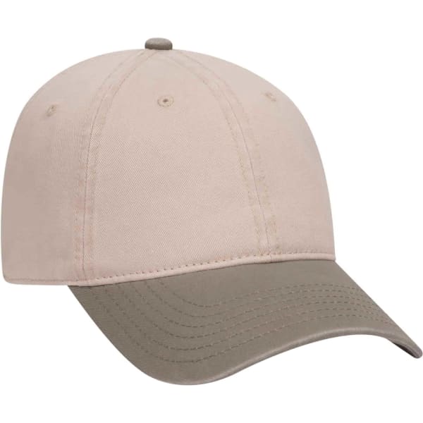 A beige and olive green 6 panel dad hat with a curved brim and a logo on the front.