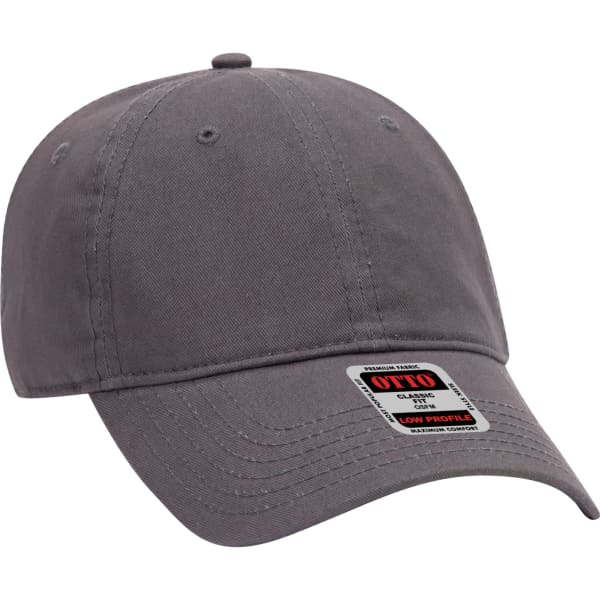 A grey 6-panel baseball cap with a low profile and a logo.