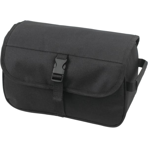 A black toiletry bag with a flap and buckle closure. It features a handle for easy carrying and includes a logo.