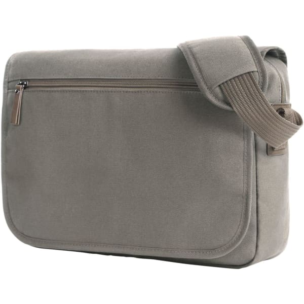 A grey shoulder bag with a flap and a shoulder strap. It features a front zip pocket and a simple design.