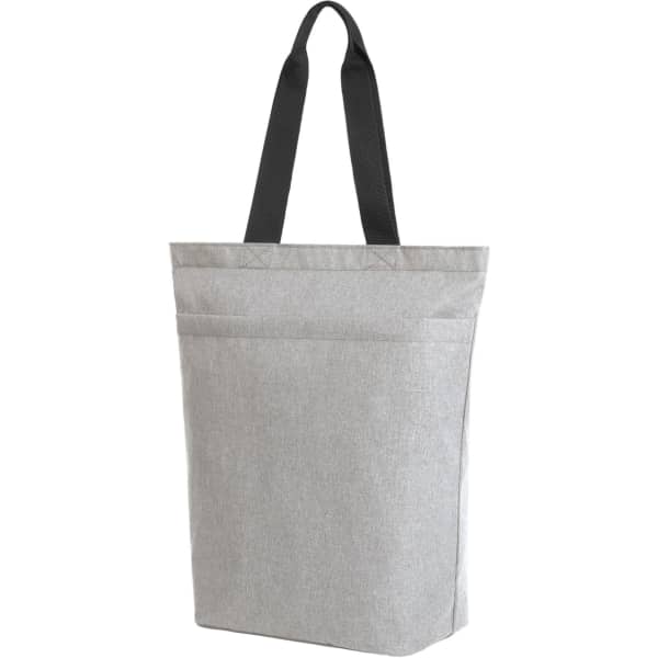 A grey tote bag with black handles, featuring two exterior pockets and a simple design.