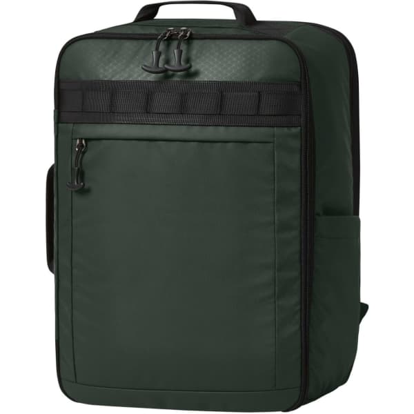 A green Active Travel Backpack with multiple compartments and a side pocket. It features a logo on the front.