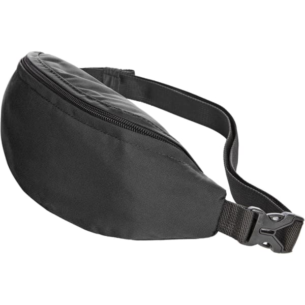 A black waist bag with a zippered compartment and an adjustable strap. The design is sleek and compact.