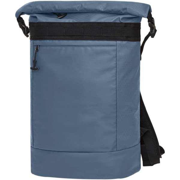 A blue roll-top backpack featuring a front pocket and adjustable shoulder straps, with an attached branding logo.