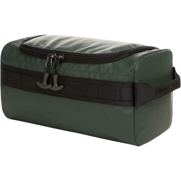 A green wash bag with a black zip and strap, featuring a sleek rectangular design and a logo.