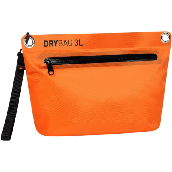 An orange Drybag Zipper Bag with a black zipper pocket and a strap, featuring a logo.