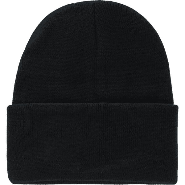 A black long beanie with a folded cuff, featuring a simple design and a branding logo.