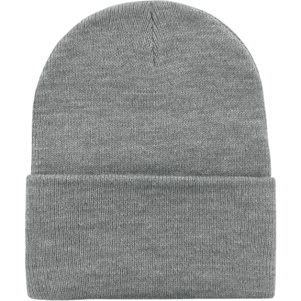 A grey long beanie with a folded brim and a smooth knitted texture. Features a logo.