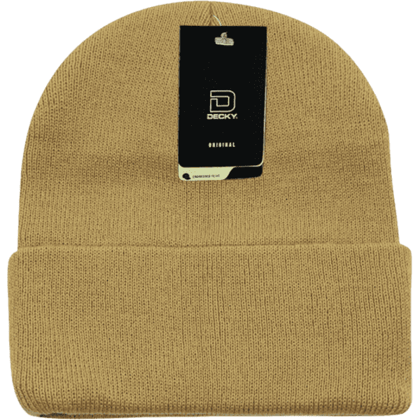 A tan beanie with a rolled cuff and a tag attached, featuring a brand logo.