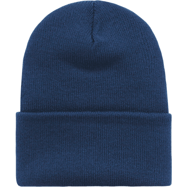 A dark blue beanie with a cuffed design and a soft texture, featuring a logo.