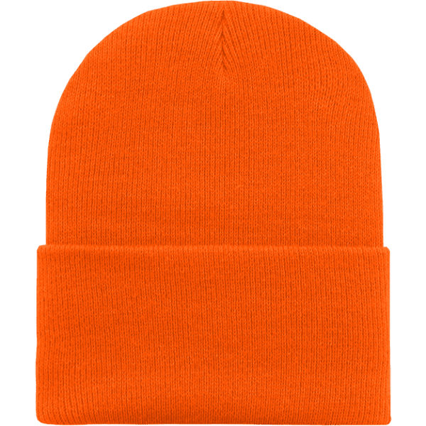 An orange long beanie with a folded cuff, featuring a logo.