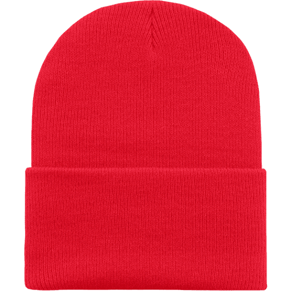 A bright red beanie with a folded cuff, made from a blend of acrylic and polyester. It has a logo on the side.