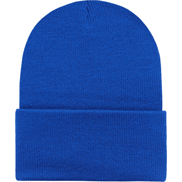 A blue long beanie made from acry/poly blend, featuring a folded cuff. It has a branding logo.