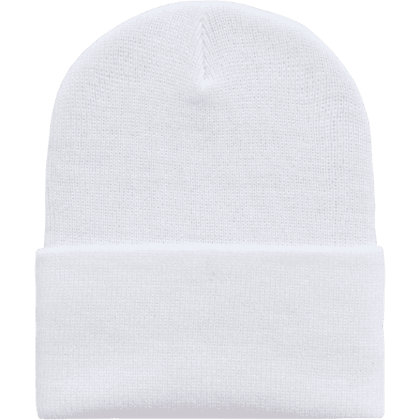 A white Acry/Poly long beanie with a rolled cuff, featuring a logo.