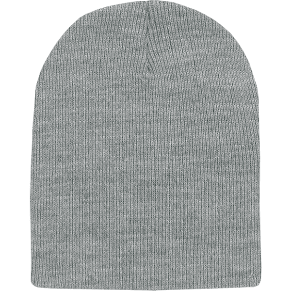 A grey knitted beanie with a ribbed texture, featuring a branding logo.