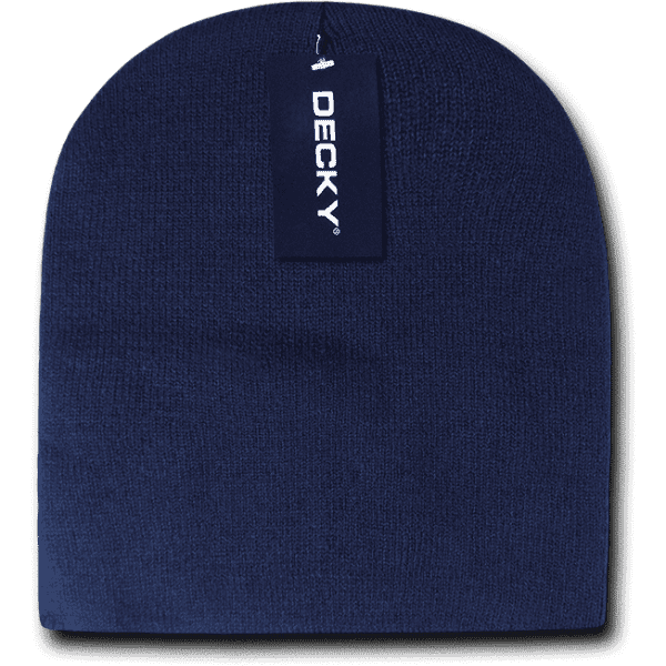 A navy blue short beanie featuring a branded tag. The fabric appears soft and stretchable.