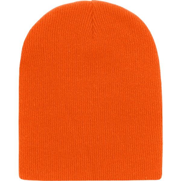 An orange beanie displayed on a green background, featuring a textured knit design.
