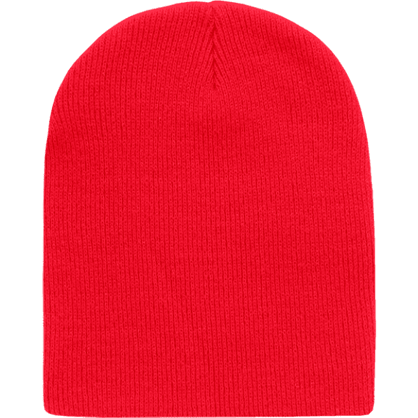 A red beanie with a ribbed texture, featuring a logo on one side.