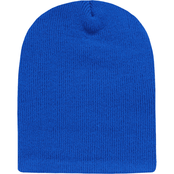 A blue short beanie with a stretchy knit texture, featuring a small top knot. It has a simple branding logo.
