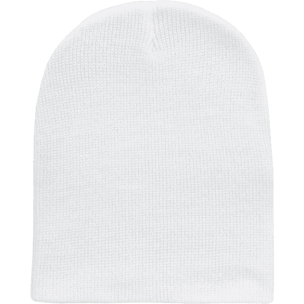 A white short beanie made from a blend of acrylic and polyester, featuring a simple design.