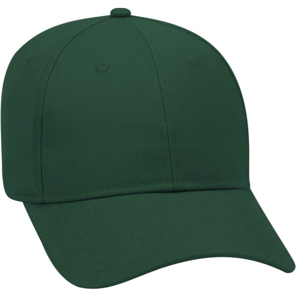 A green 6 panel baseball cap with a curved brim and a rounded top, featuring a single logo or branding.