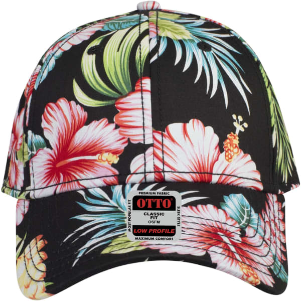 A floral-patterned black baseball cap with vibrant pink and green tropical designs, featuring a branded tag.