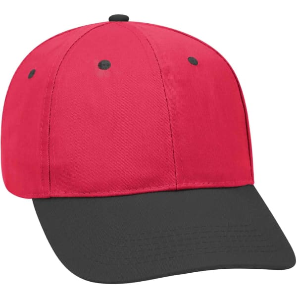 A red 6-panel baseball cap with a black peak and black detailing, featuring a logo on the front.