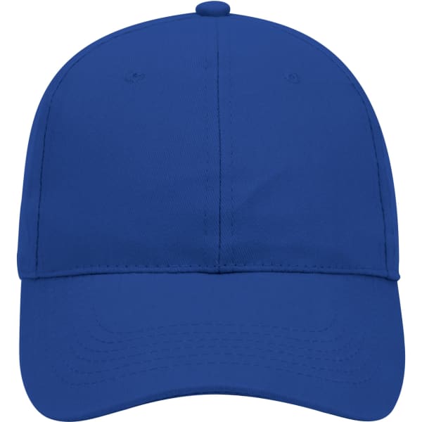 A blue 6 panel low profile baseball cap featuring a logo.
