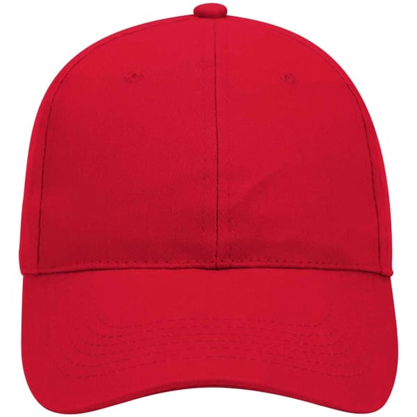 A red 6 panel low profile baseball cap featuring a curved peak and a logo on the front.