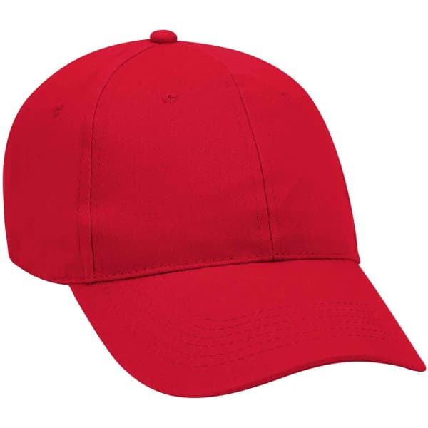 A red 6-panel baseball cap with a curved brim and a logo on the front.
