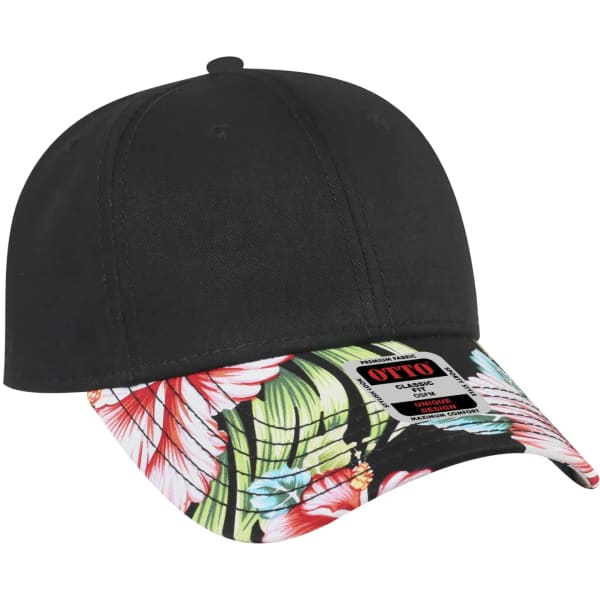 A black 6 panel baseball cap with a floral patterned visor and a logo on the side.