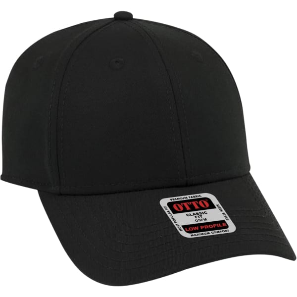 A black 6-panel baseball cap with a low profile and a circular logo on the side.