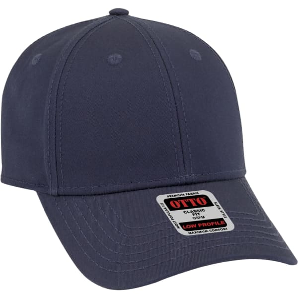 A navy blue 6-panel baseball cap featuring a low profile design and a branded tag on the front.