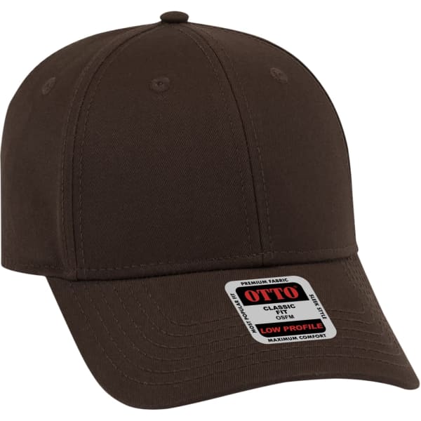A brown 6 panel baseball cap featuring a logo and a low-profile design. Suitable for casual wear.