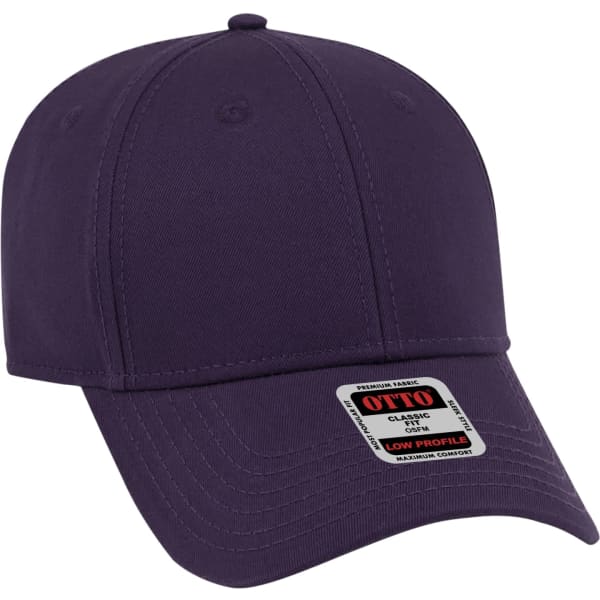 A purple six-panel baseball cap with a low profile design and a branded tag.