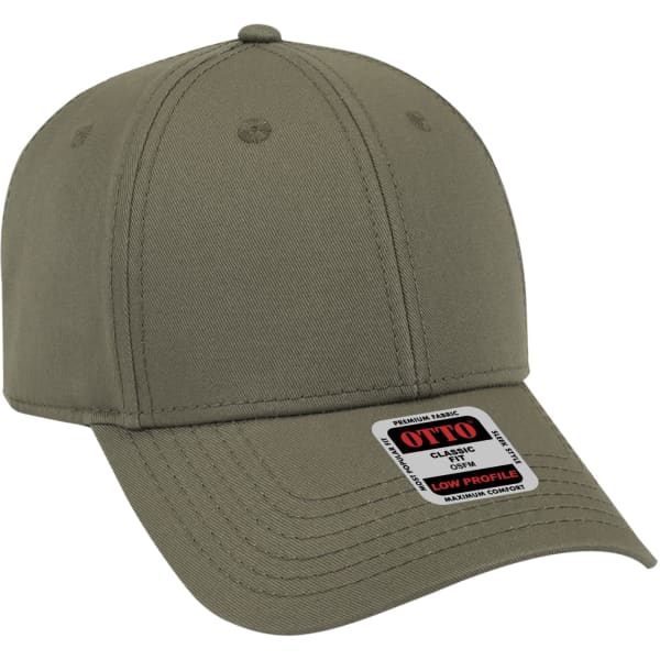 A low-profile olive green 6 panel baseball cap with a logo on the front and an adjustable strap at the back.